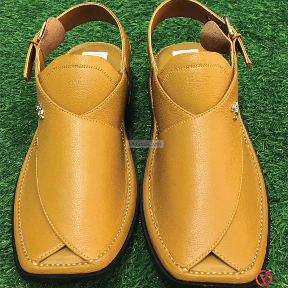 Handmade Peshawari Chappal: Men's Mustard Leather Kaptaan Sandals - Picture 4 of 6